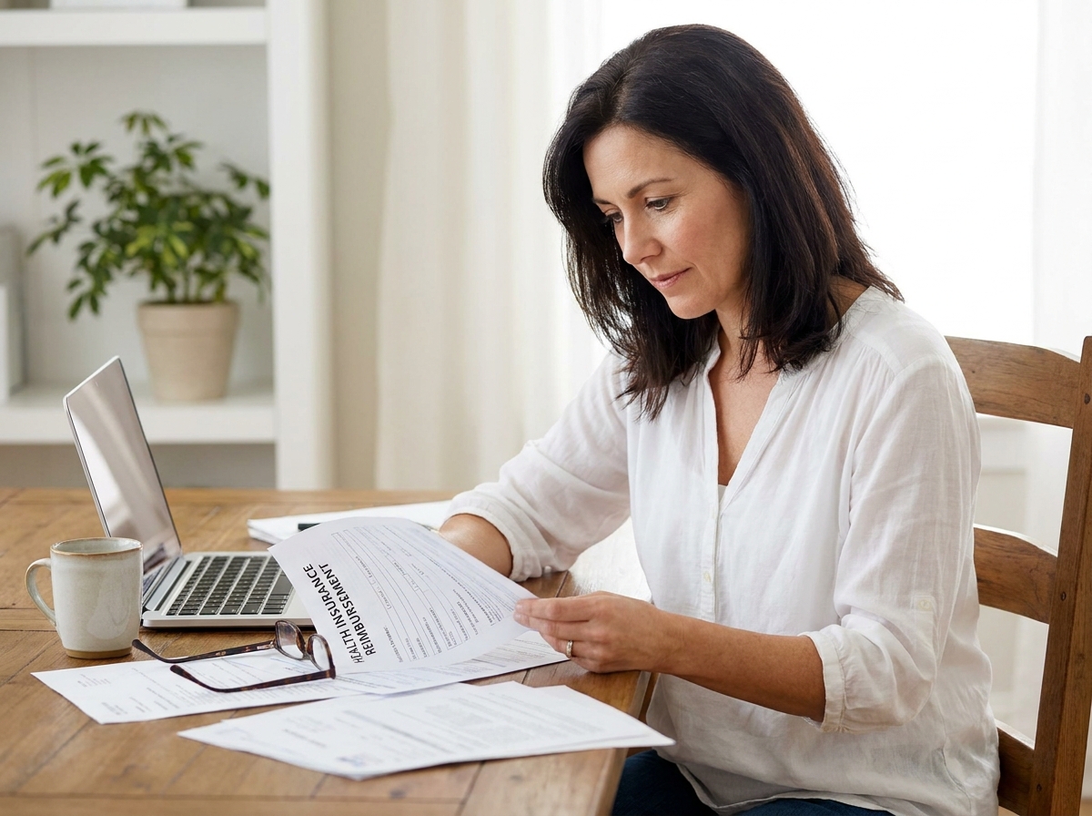 Femme consultant un document de remboursement de mutuelle pour ses lunettes à son bureau à domicile