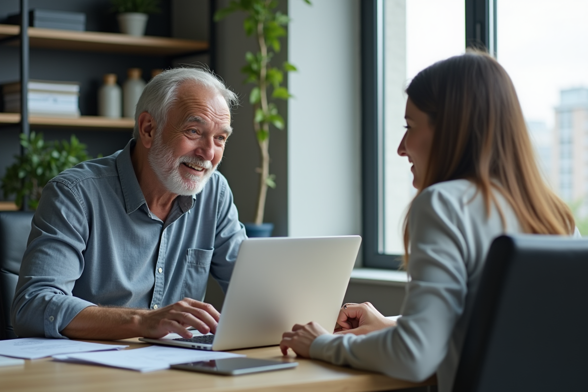 Homme retire rencontrant une conseillère dans un bureau moderne