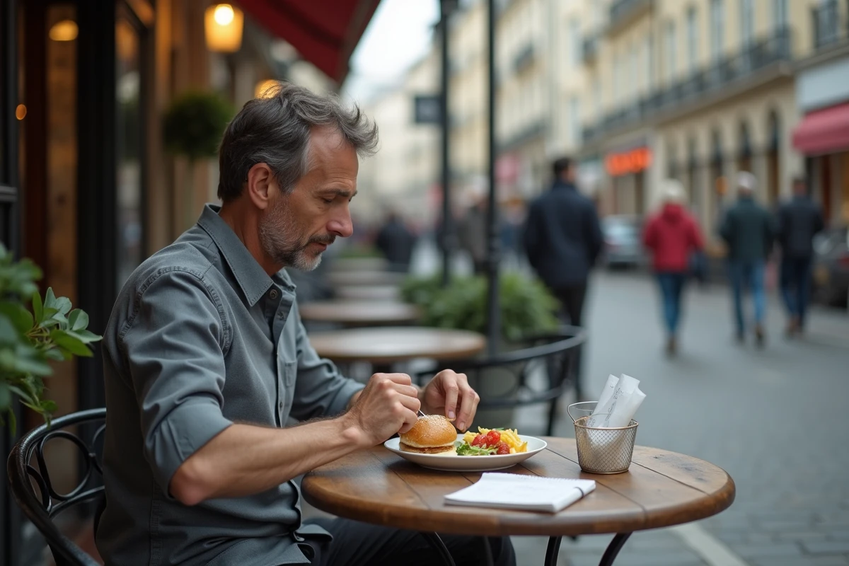 Travailleur en pause déjeuner au café parisien conservant son reçu de repas pour déduction fiscale en frais réels