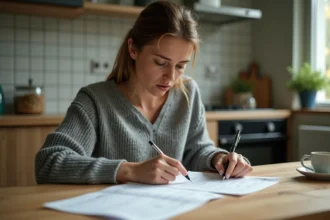 Femme consultant un contrat d'assurance Direct Assurance à résilier pour motif légitime, assise à une table de cuisine avec des documents annotés