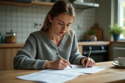 Femme consultant un contrat d'assurance Direct Assurance à résilier pour motif légitime, assise à une table de cuisine avec des documents annotés