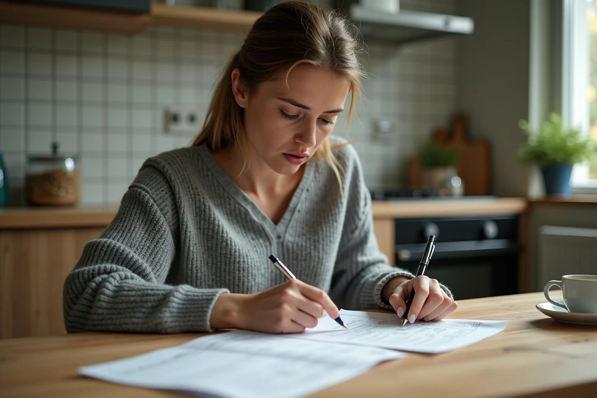 Femme consultant un contrat d'assurance Direct Assurance à résilier pour motif légitime, assise à une table de cuisine avec des documents annotés