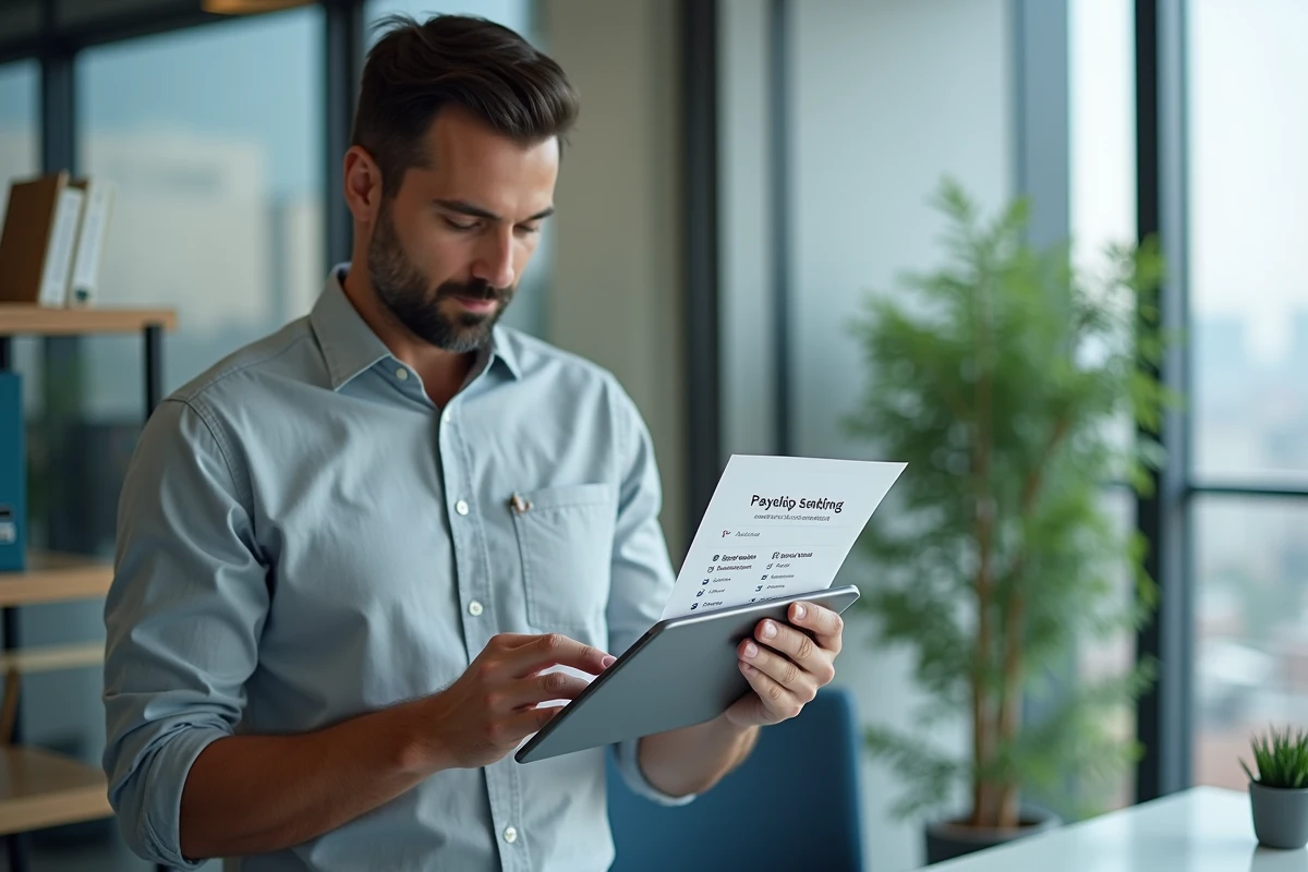 Responsable RH consultant une fiche de paie imprimée et une interface d'envoi numérique sur tablette dans un bureau vitré