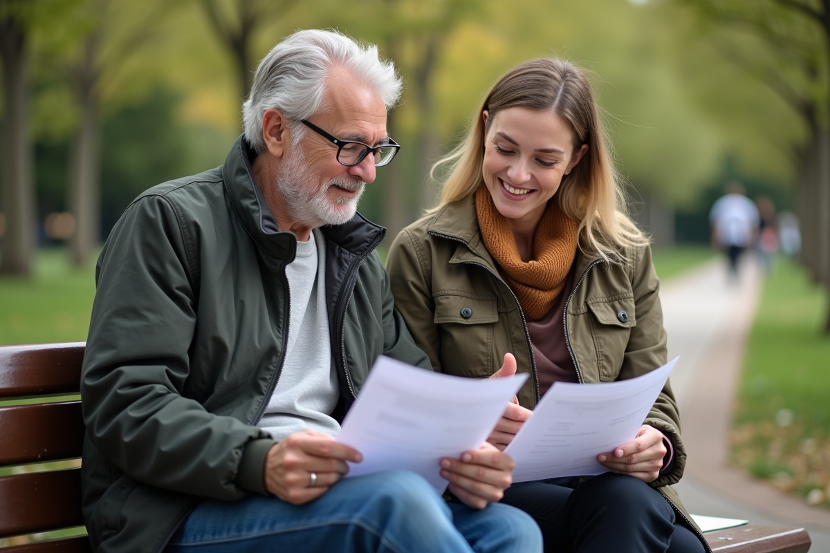 Homme senior et jeune femme discutant sur un banc dans un parc