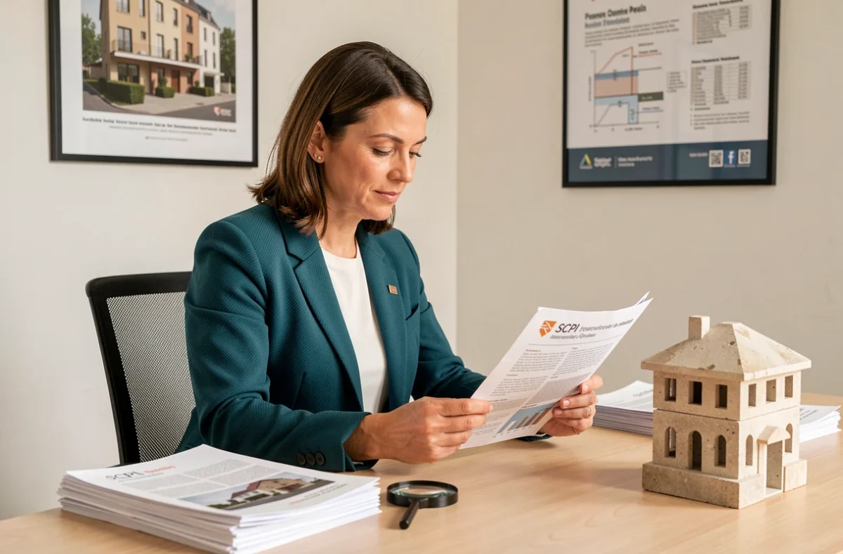 Conseillère de SCPI Select by OP Invests étudiant un prospectus d'investissement immobilier dans un bureau professionnel