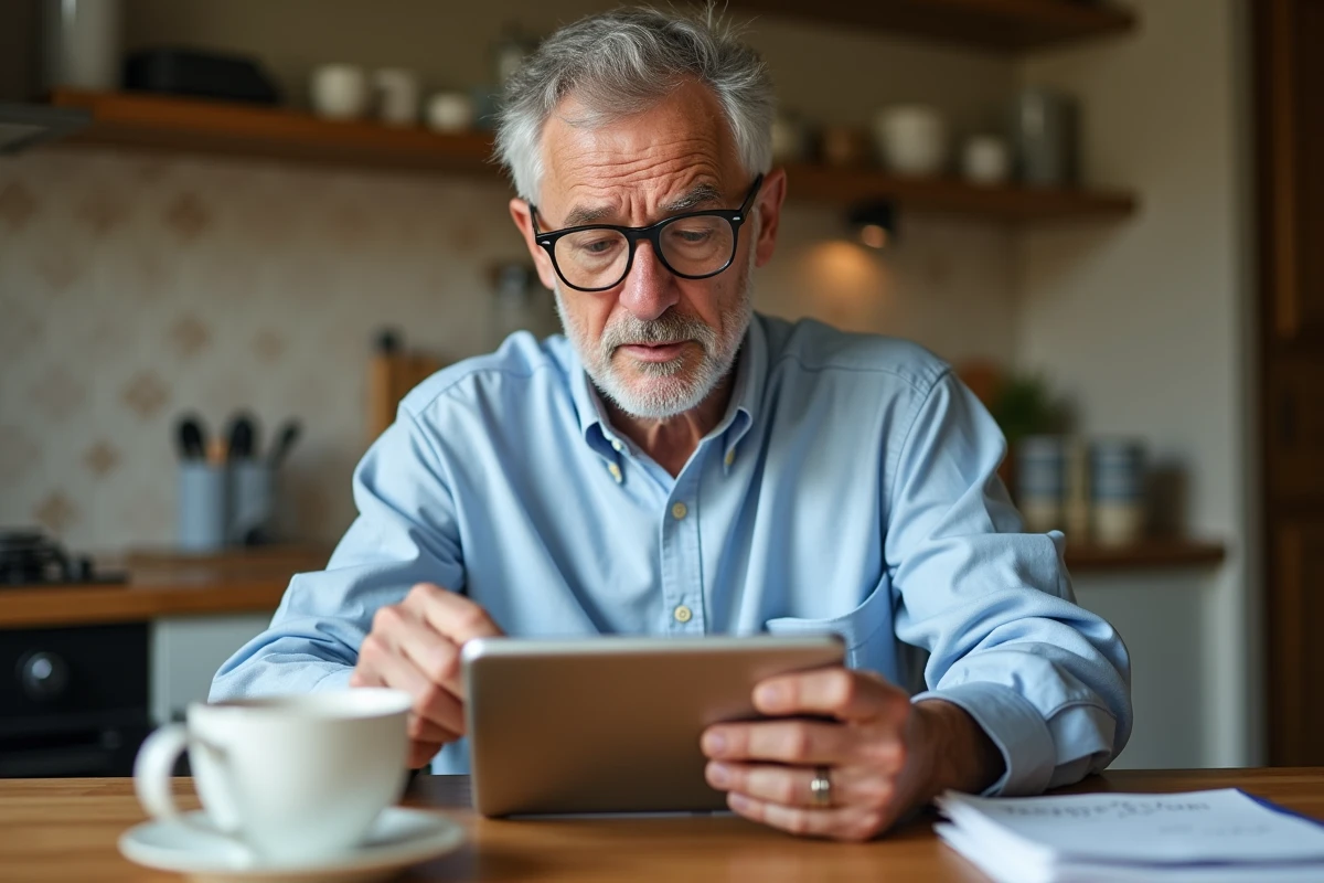 Senior essayant d'accéder à son espace client La Banque Postale sur une tablette avec des notes papier à côté