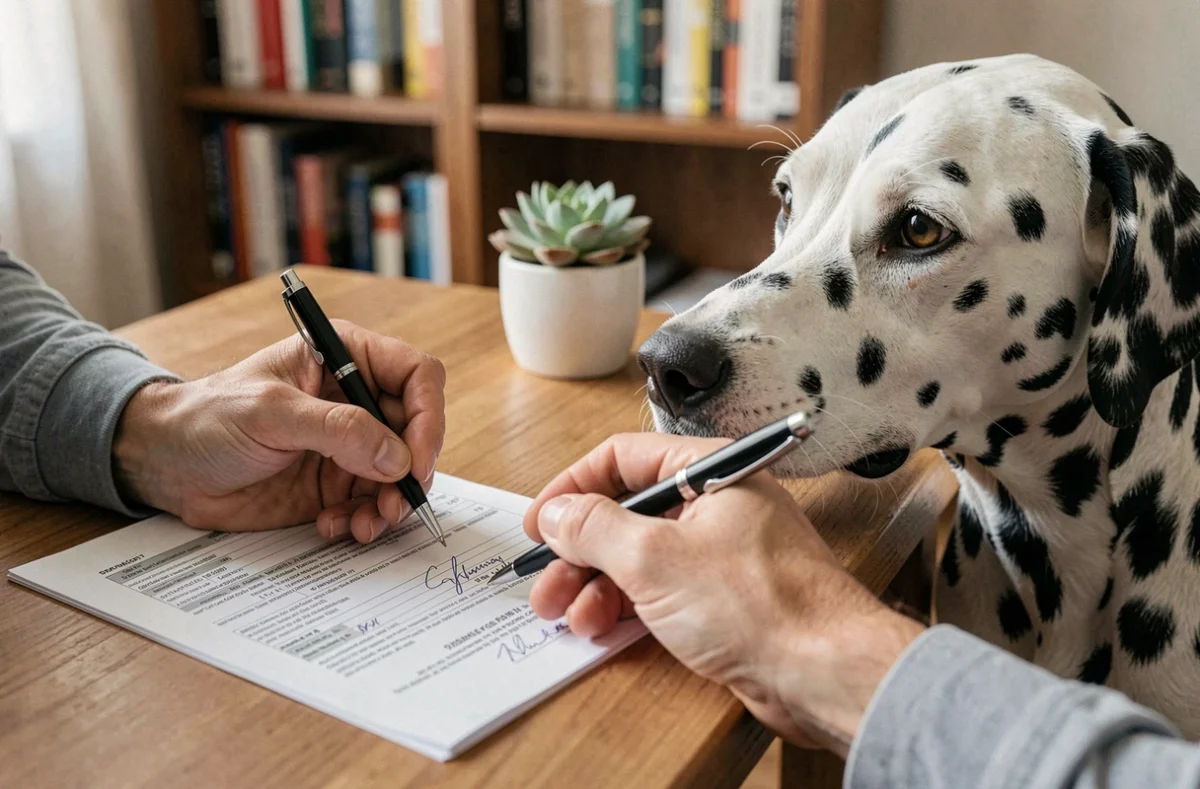 Mains tenant un contrat d'assurance chien à signer avec un Dalmatien appuyé sur le bureau à côté