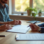 Deux personnes signant un contrat dans un bureau lumineux