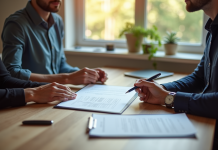 Deux personnes signant un contrat dans un bureau lumineux