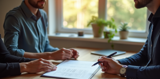 Deux personnes signant un contrat dans un bureau lumineux