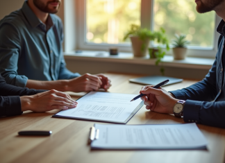 Deux personnes signant un contrat dans un bureau lumineux
