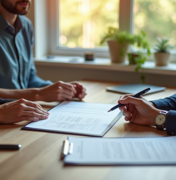 Deux personnes signant un contrat dans un bureau lumineux
