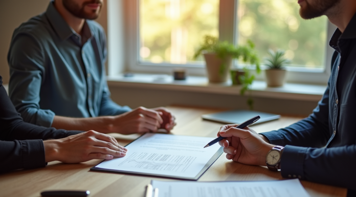 Deux personnes signant un contrat dans un bureau lumineux