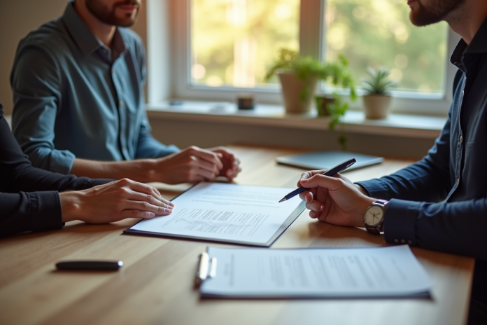 Deux personnes signant un contrat dans un bureau lumineux