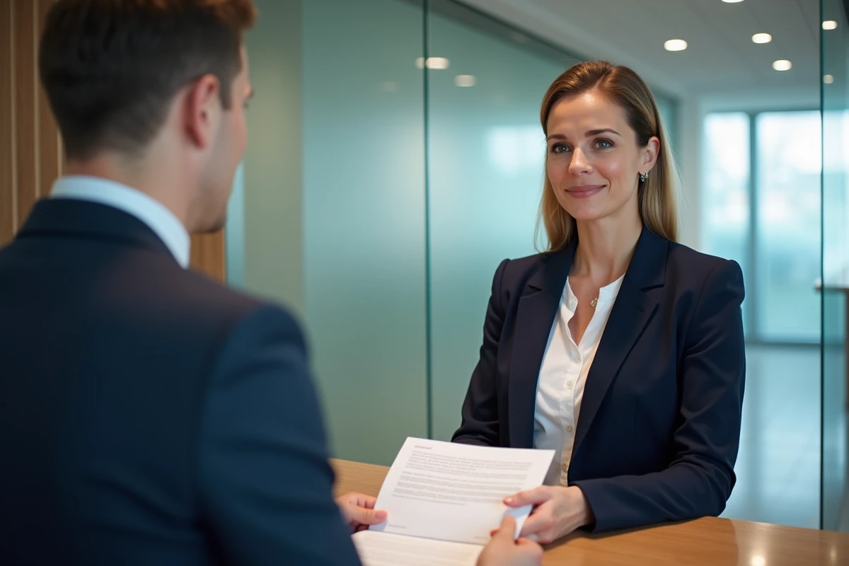 Femme signant un dossier de prêt personnel auprès d'un conseiller bancaire en agence