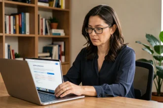 Femme consultant une simulation de crédit Macif sur un ordinateur portable dans un bureau à domicile