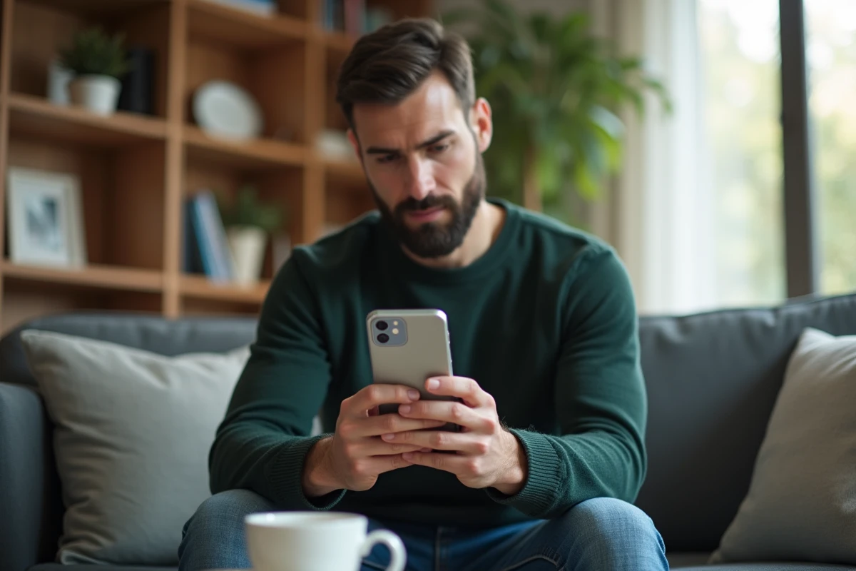 Jeune homme simulant un prêt trésorerie sans justificatif sur son smartphone depuis son salon