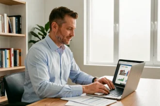 Homme analysant une simulation SCPI sur ordinateur portable dans un bureau à domicile moderne