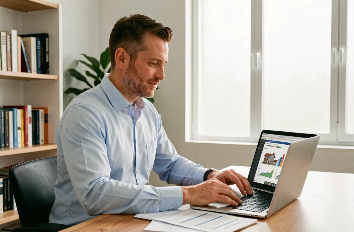 Homme analysant une simulation SCPI sur ordinateur portable dans un bureau à domicile moderne