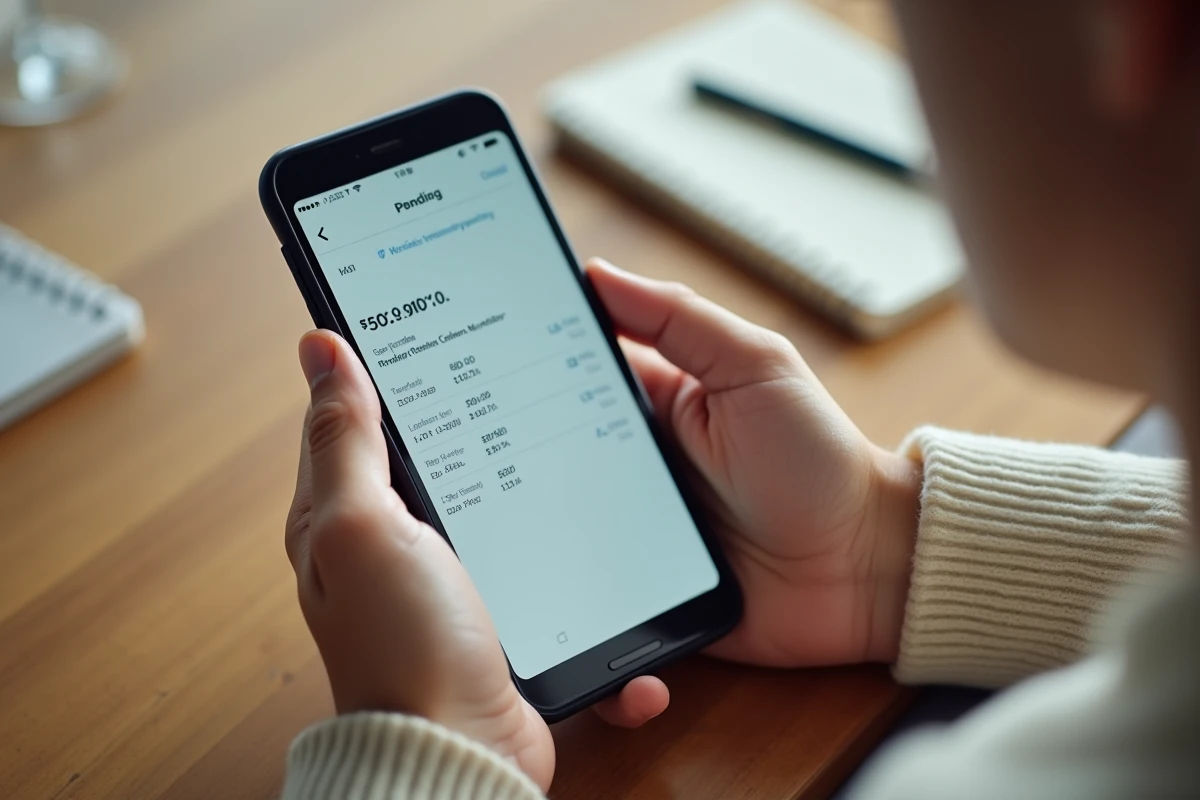 Gros plan sur smartphone affichant un virement FDJ en attente dans une application bancaire mobile