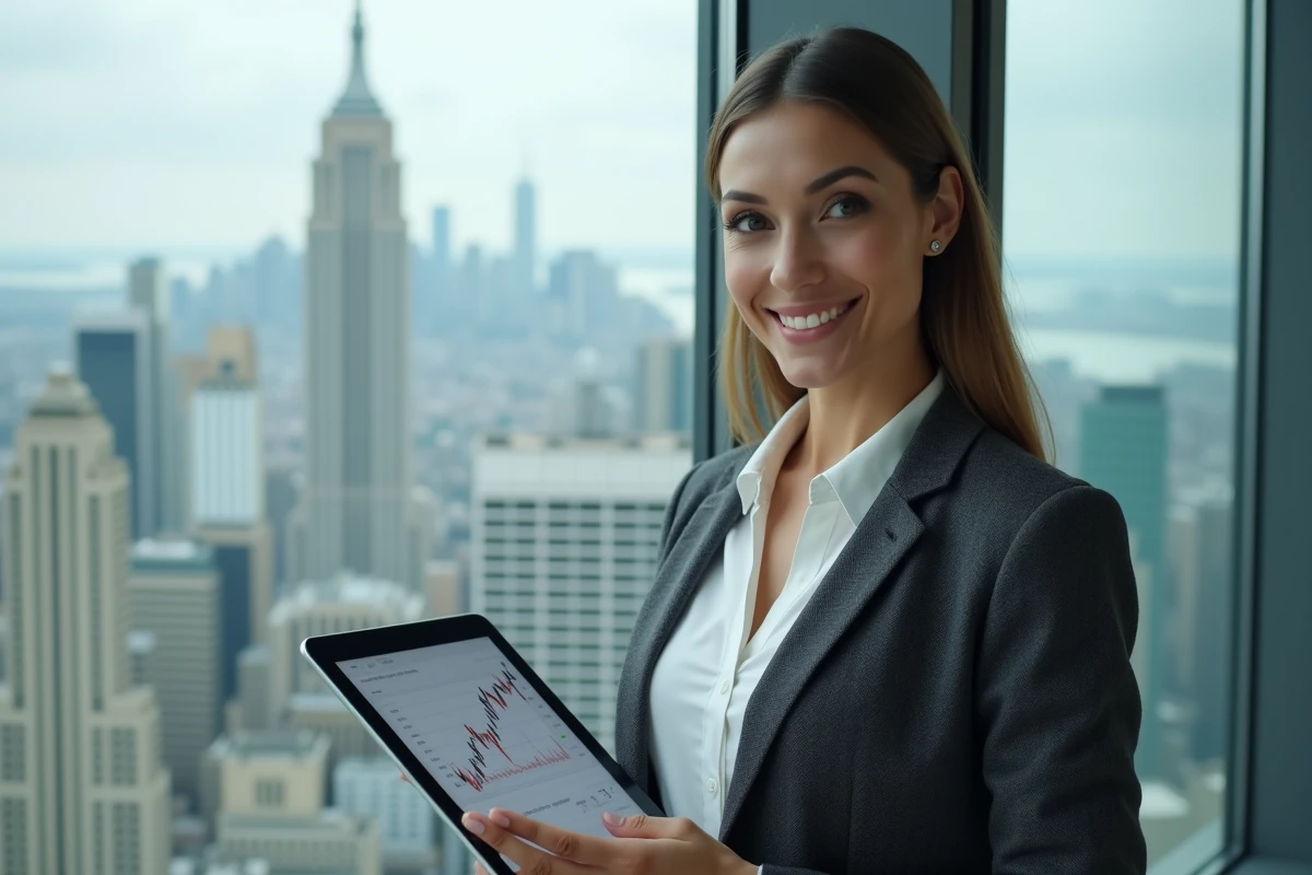 Stratège financière tenant une tablette avec des graphiques boursiers devant une fenêtre panoramique en hauteur