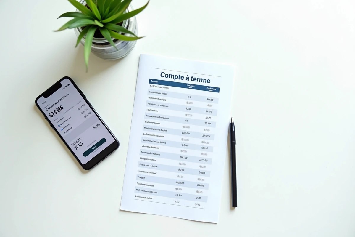 Vue aérienne d'un bureau minimaliste avec smartphone affichant des taux de compte à terme et tableau comparatif imprimé