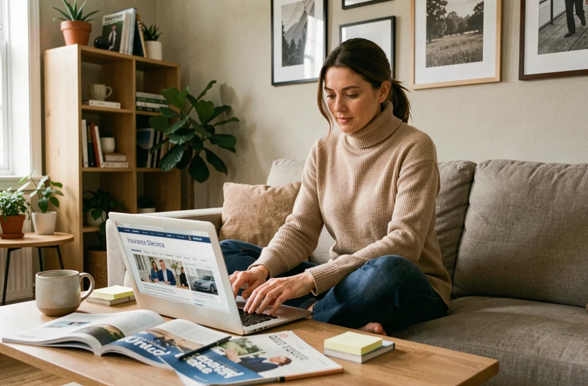 Femme en télétravail consultant des magazines spécialisés en assurance et des ressources en ligne pour sa veille professionnelle