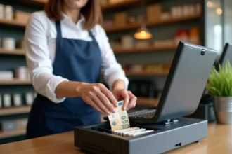Caissière rangeant des billets dans un tiroir-caisse ouvert sur un comptoir en bois dans une boutique