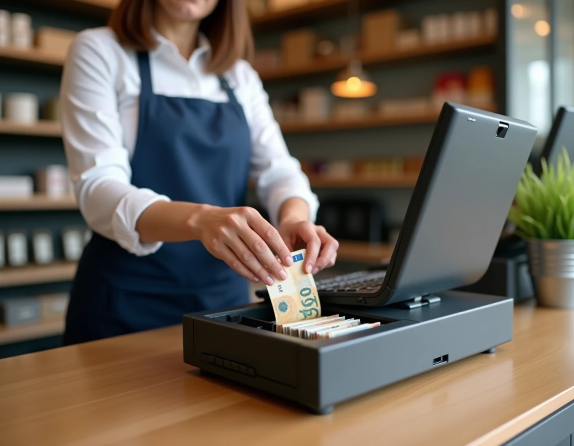 Caissière rangeant des billets dans un tiroir-caisse ouvert sur un comptoir en bois dans une boutique