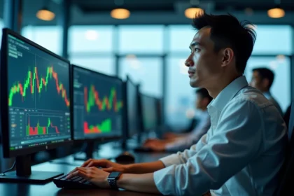 Trader masculin analysant l'ouverture de la Bourse asiatique sur plusieurs écrans de trading dans une salle des marchés moderne à Tokyo