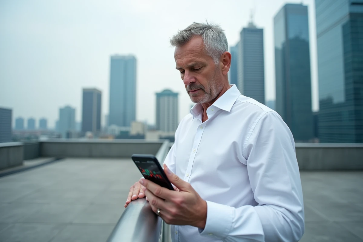 Professionnel consultant une plateforme de trading sur smartphone depuis une terrasse avec vue sur la skyline d'une grande ville