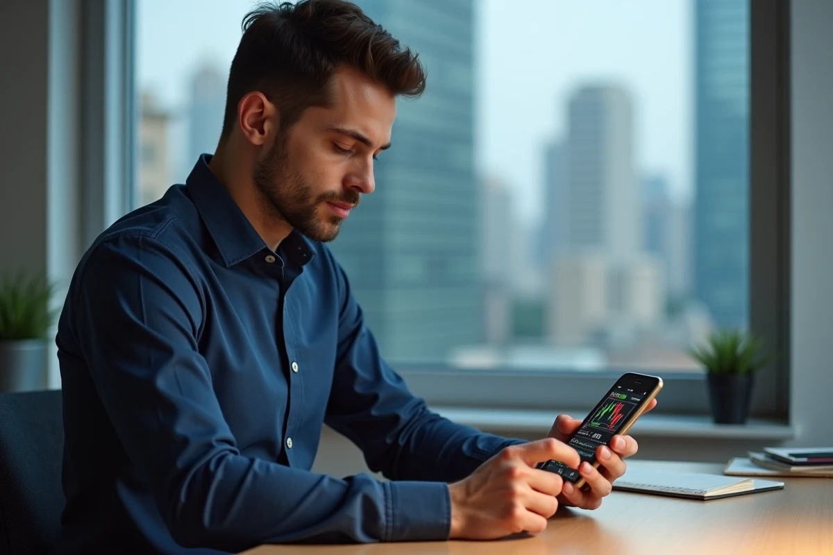 Homme concentré qui trade sur smartphone depuis son bureau à domicile avec des graphiques financiers visibles à l'écran