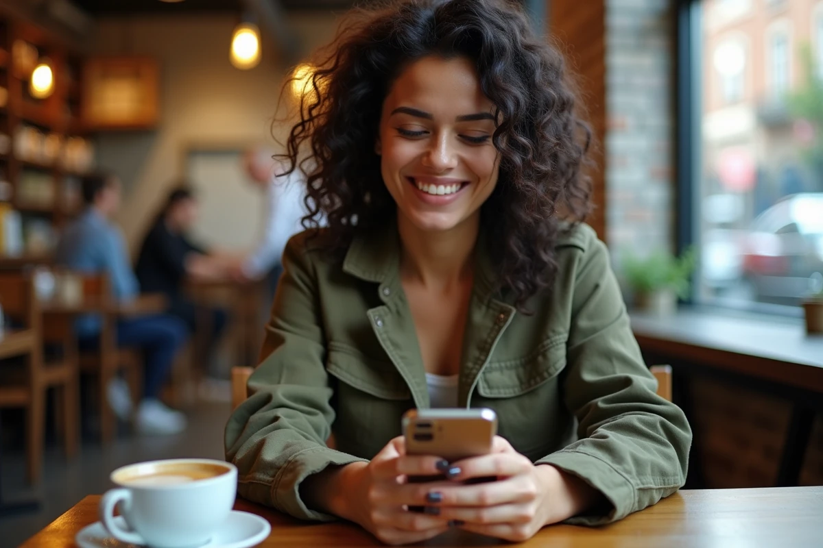 Femme qui utilise une application de trading sur son smartphone dans un café urbain animé