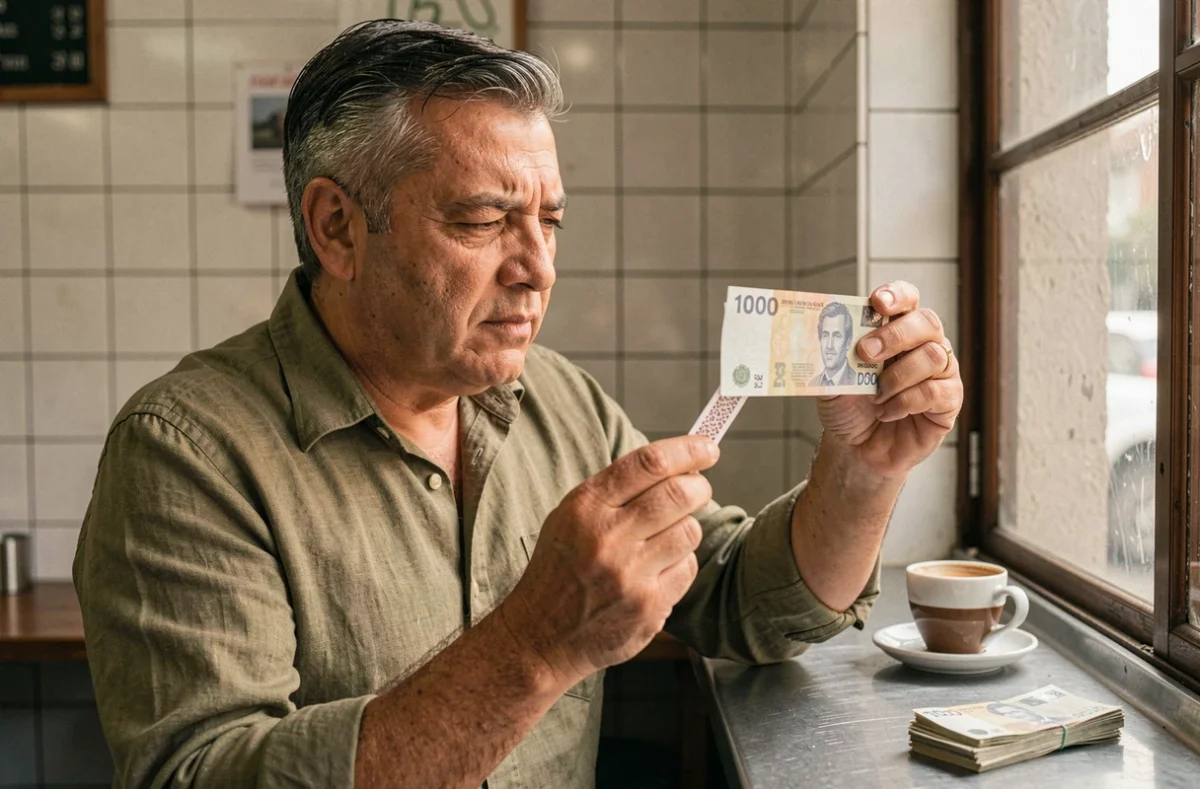 Vendeur argentin vérifiant l'authenticité d'un billet de 1000 pesos en le tenant face à la lumière dans un café de Buenos Aires