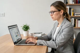 Femme analysant la légitimité d'un site web sur son ordinateur portable dans un bureau à domicile