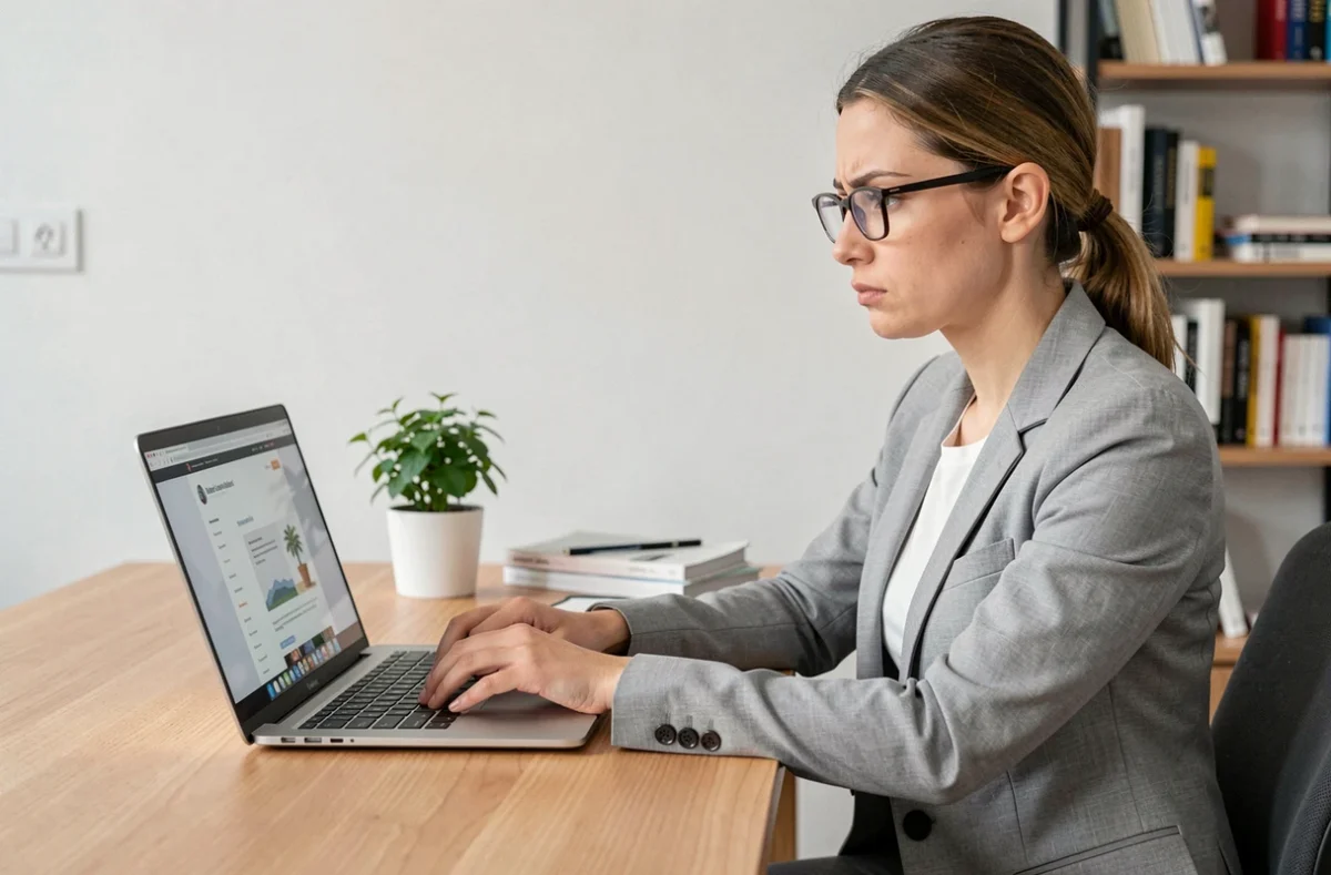 Femme analysant la légitimité d'un site web sur son ordinateur portable dans un bureau à domicile