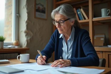 Femme vérifiant sa déclaration fiscale et la rubrique 2BH sur un document imprimé à la maison