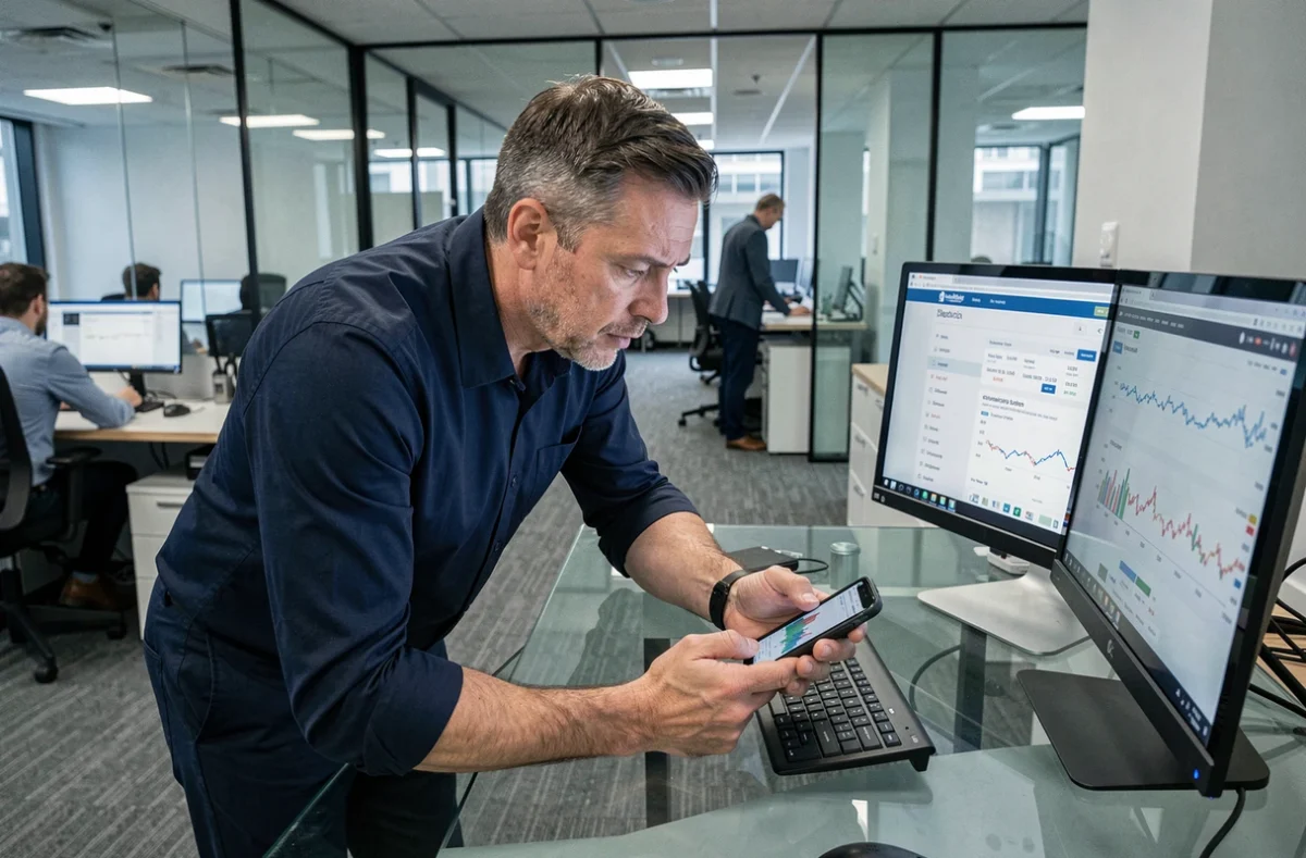Homme en bureau comparant des informations financières sur smartphone et ordinateur pour vérifier un site