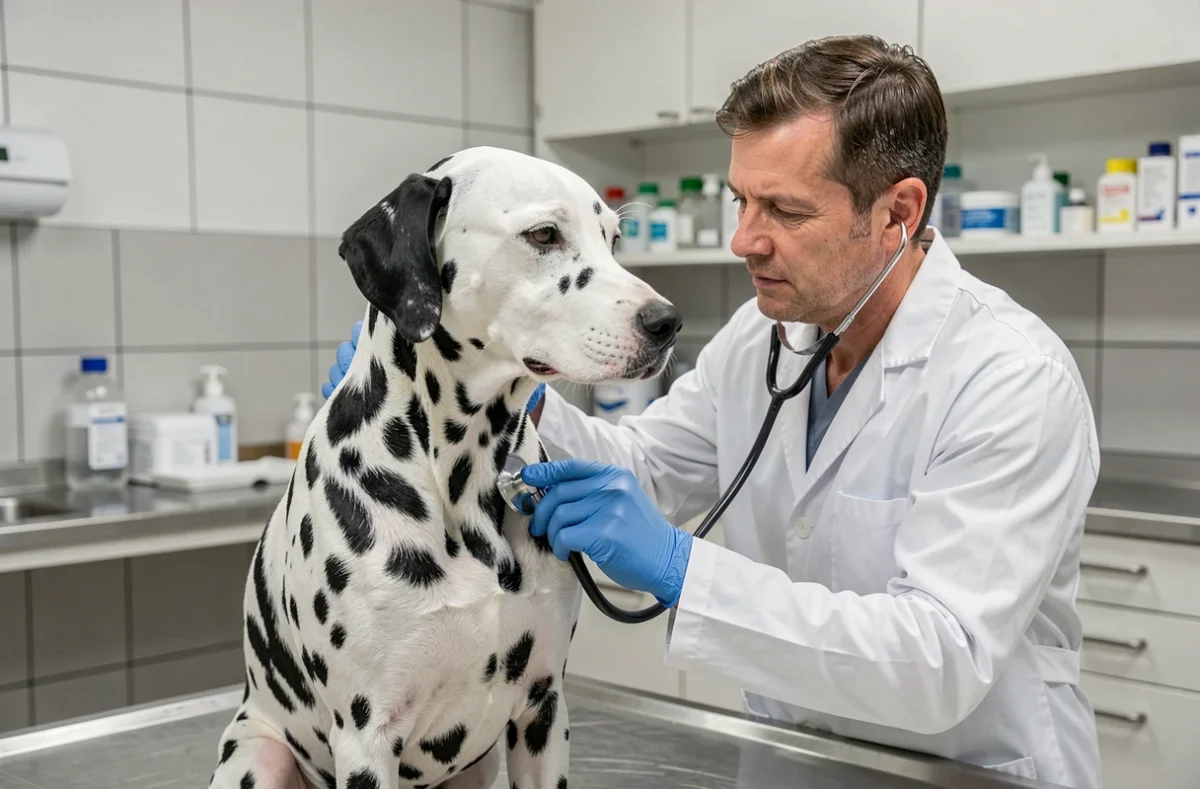 Vétérinaire examinant un chien Dalmatien en clinique vétérinaire lors d'une consultation de santé