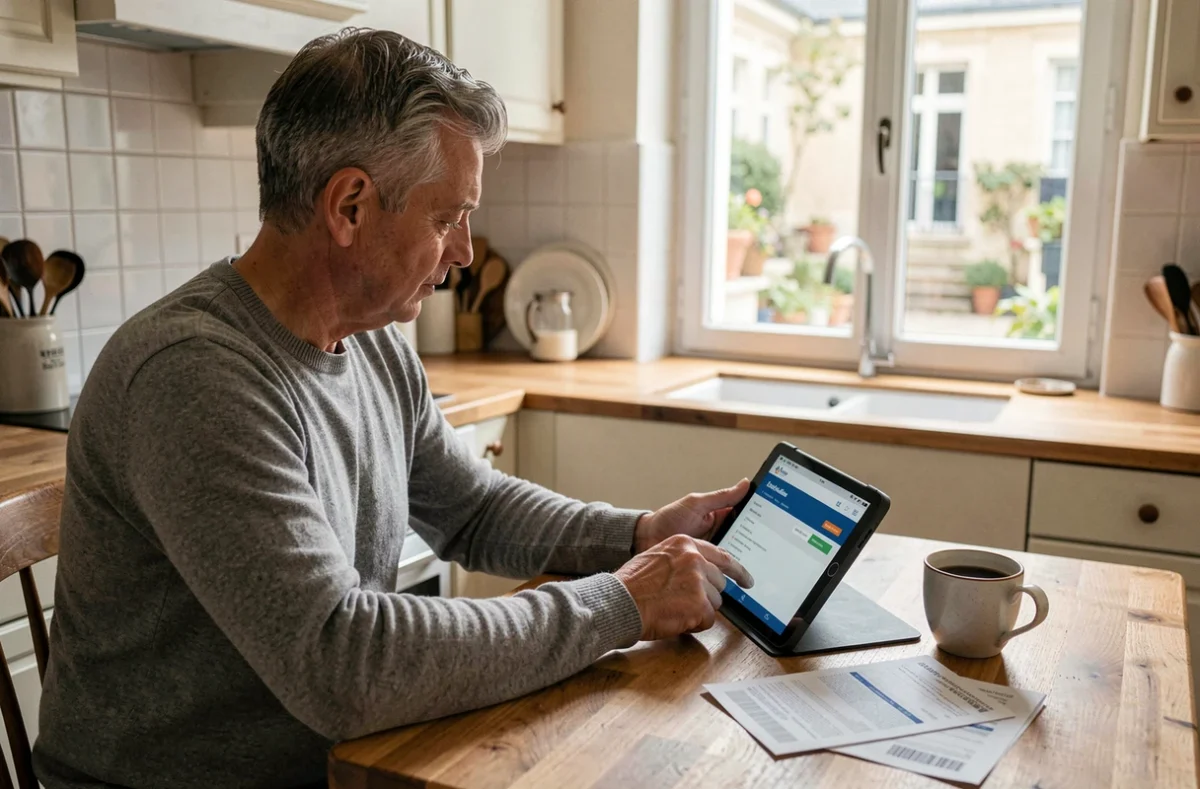 Homme réalisant un virement bancaire instantané depuis une tablette dans une cuisine d'appartement parisien
