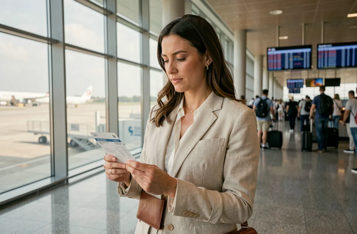 Voyageuse tenant son passeport et sa carte d'embarquement dans un aéroport international, illustrant l'importance de l'assurance voyage à l'étranger