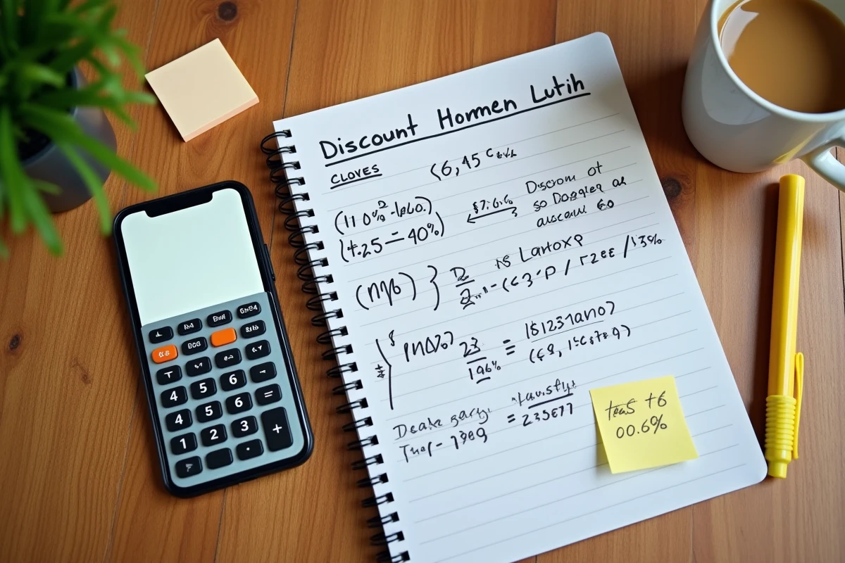 Vue aérienne d'un bureau avec calculatrice, formules de taux d'évolution et notes de remises commerciales