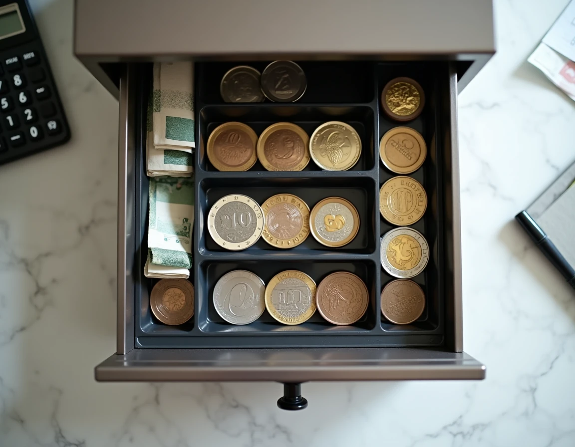 Vue de dessus d'un tiroir-caisse ouvert avec billets et pièces en euros bien organisés